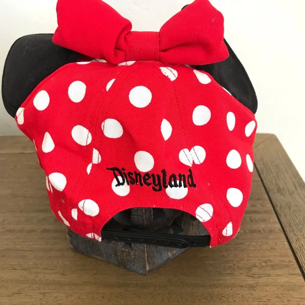 Disney Parks Girls Minnie Mouse Red & Black Polka Dot Baseball Hat Cap Ears Bow